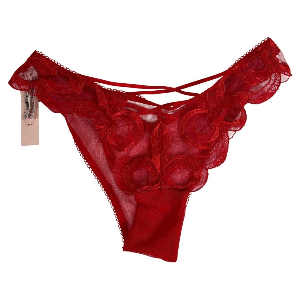 Victoria's Secret Red Floral Embroidered Strappy Mesh Thong Panty Small